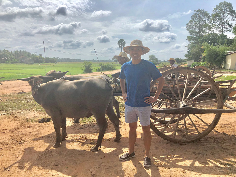 A man is standing next to a cart with two oxen, wearing a blue shirt and a hat, in front of a rural setting.