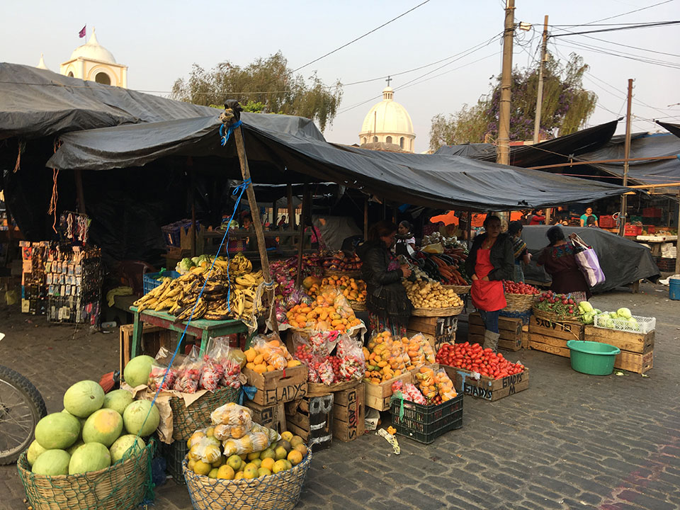 The image depicts an outdoor market scene with various fruits and vegetables on display, under makeshift shelters.