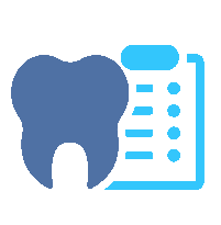 The image is a digital graphic featuring an icon of a tooth with a dental chart and a calculator, all set against a dark background.