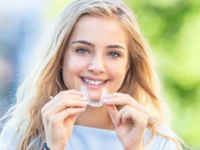 A smiling woman holding a clear dental retainer in front of her mouth.